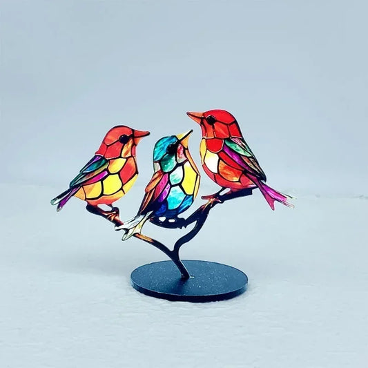 Stained Acrylic Birds on Branch Desktop Ornaments